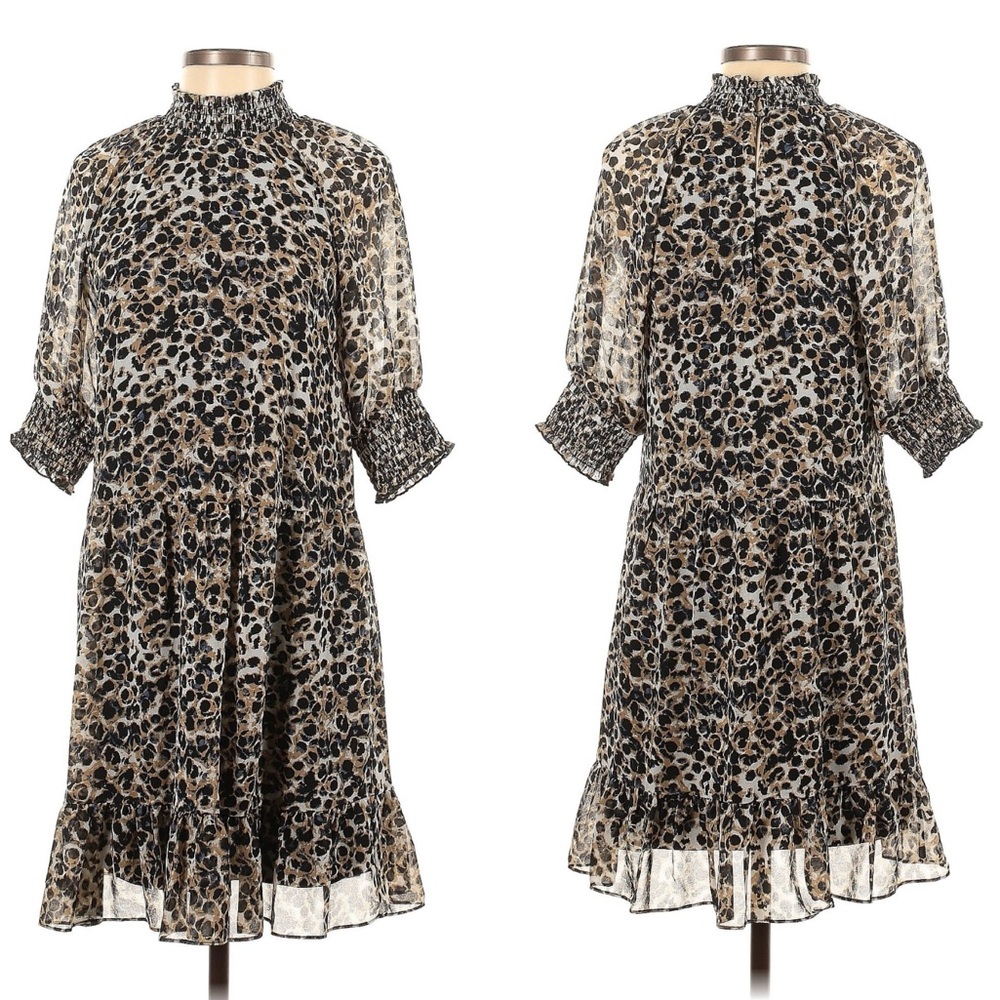 Kensie Dress Womens XS Brown Leopard Print Animal Print Sheer Flowy Knee Length